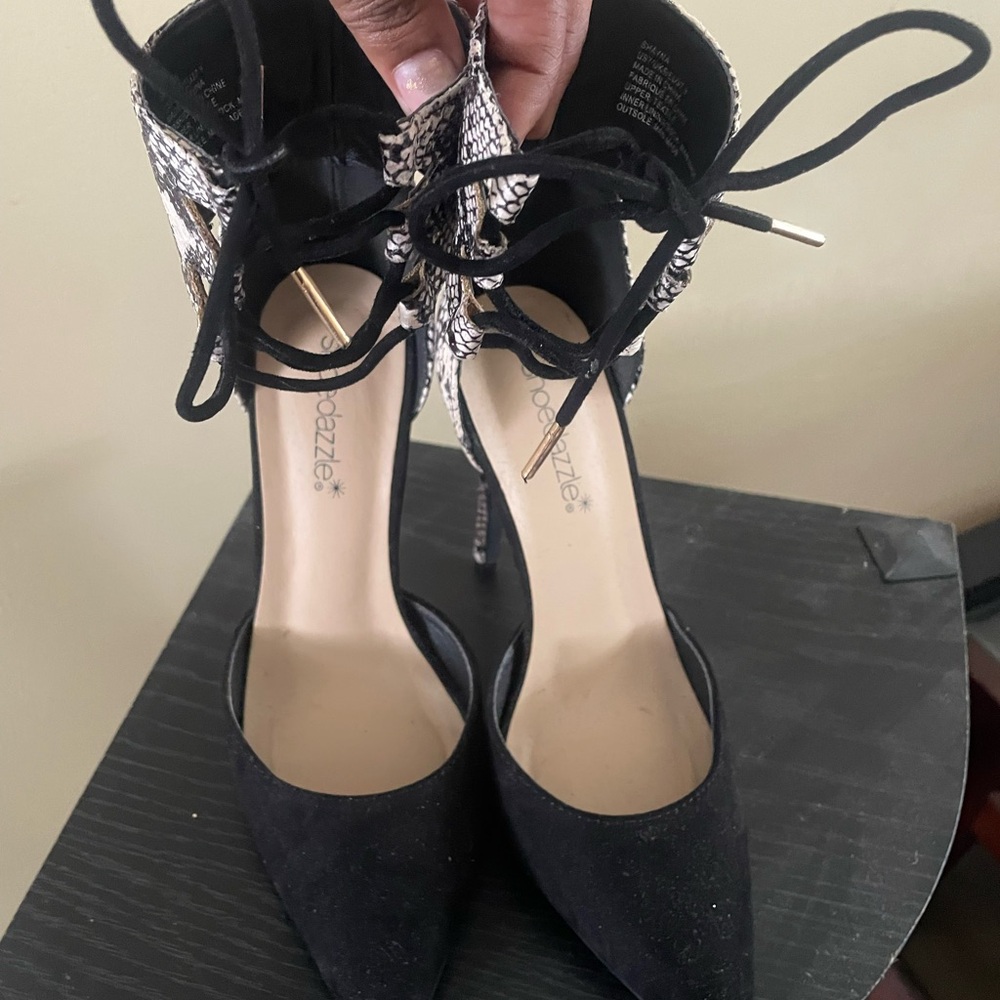 Breckelles Black Pointed Toe Ankle Tie Pumps with Snake-Print Accent